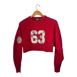 Superdry Sweater‎ Sweatshirt Crew Neck Cropped Varsity Patchwork Red Embroidered